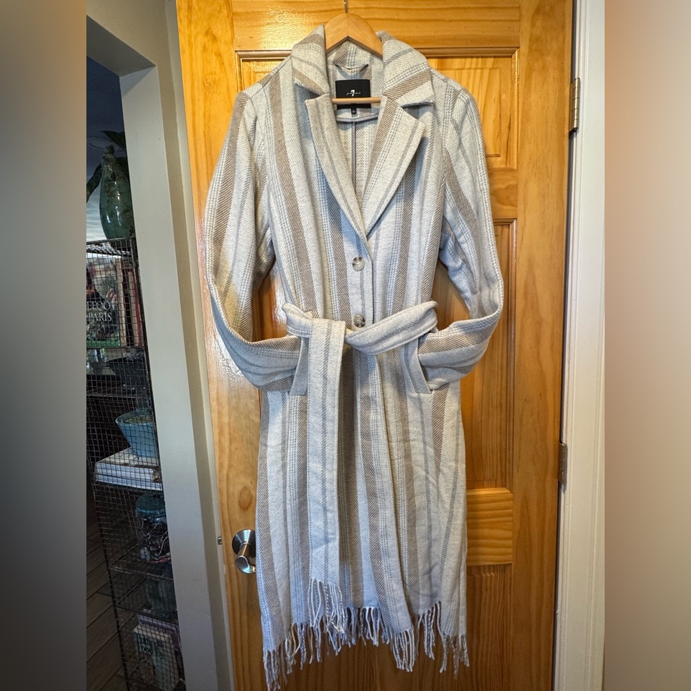 7 for All Mankind - brand new, wool-feel, long, fringe coat for - L - stripe